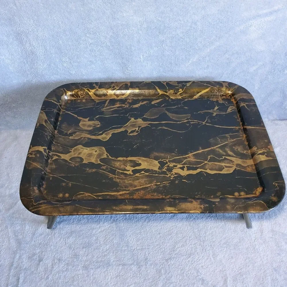 Vintage Metal TV Lap Tray Bed Breakfast Foldable Legs Black Gold Faux Marble
